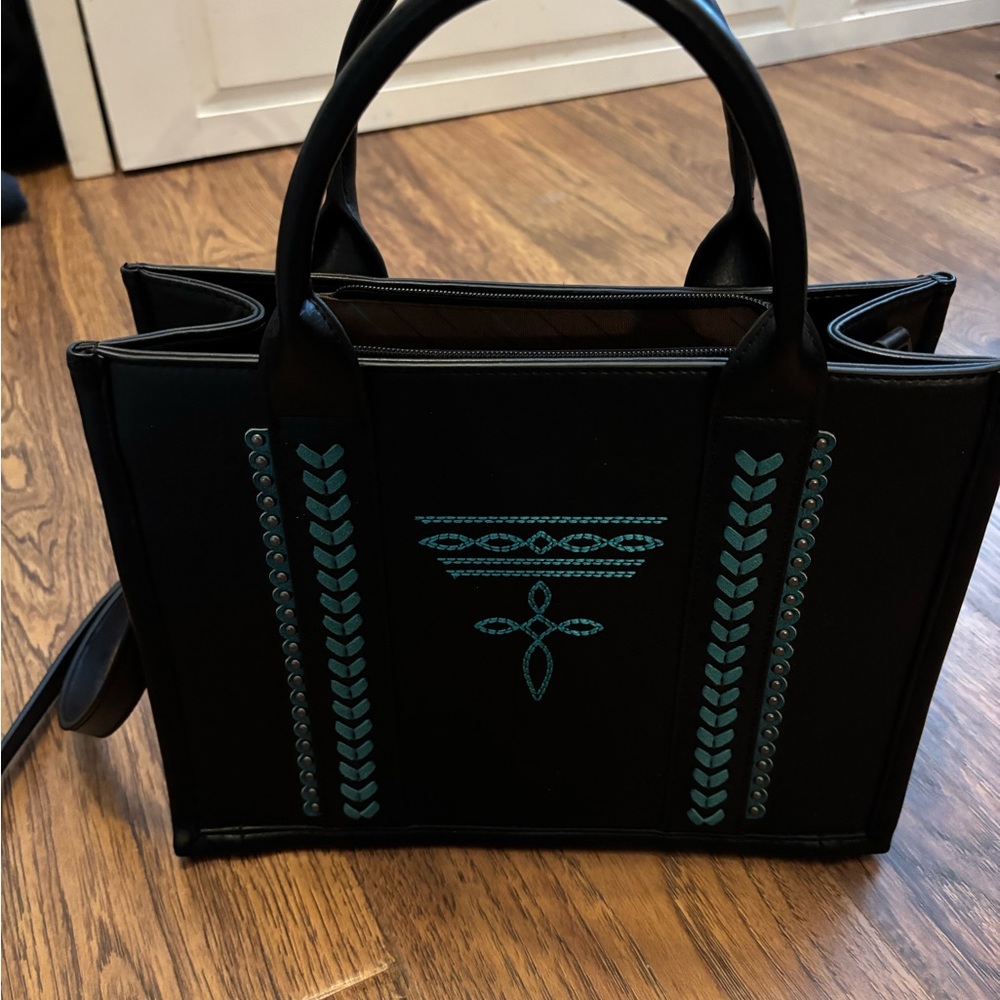 Montana West Black Satchel with Teal Embroidery
